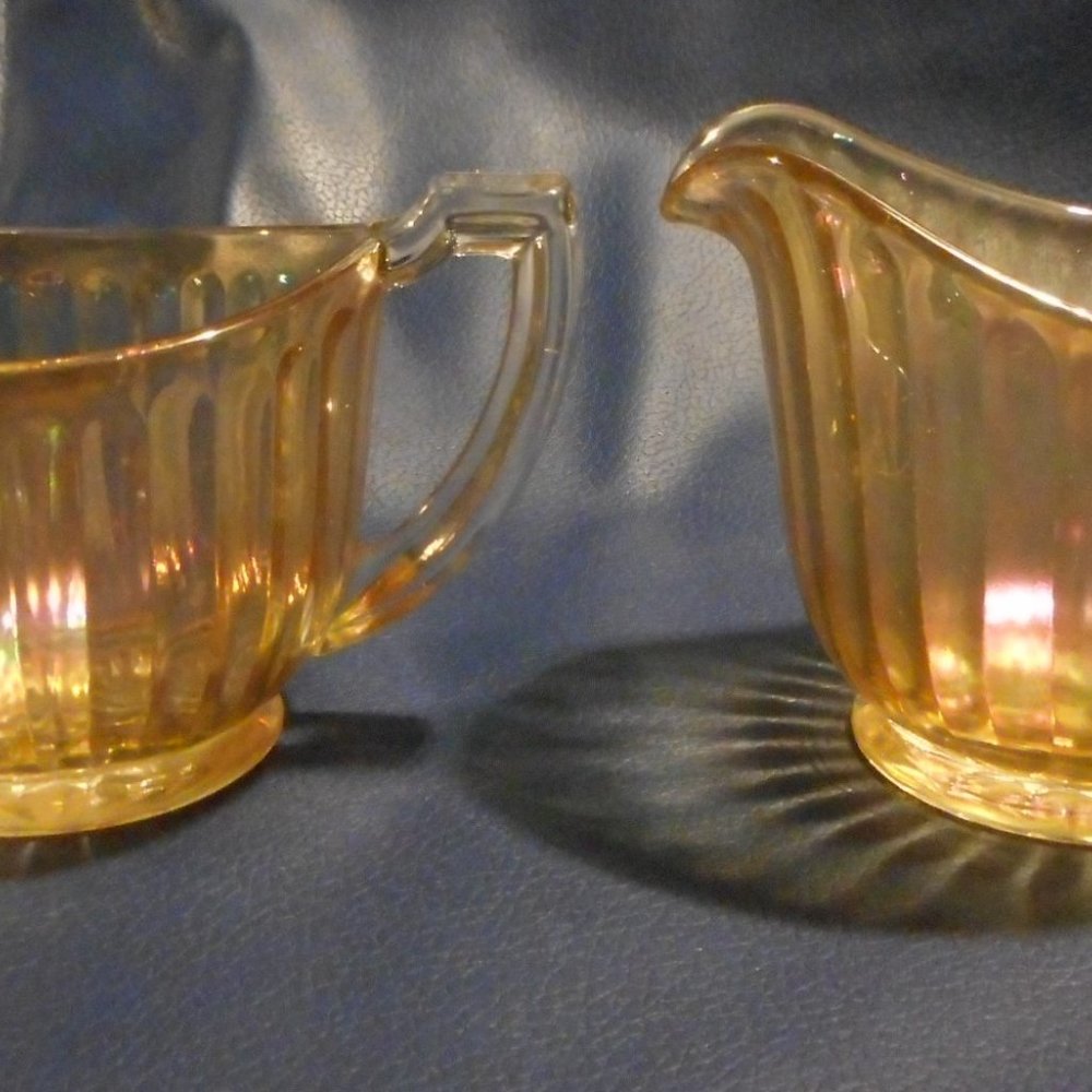 Carnival Glass Orange Iridescent Shimmer Creamer & Sugar Bowl
